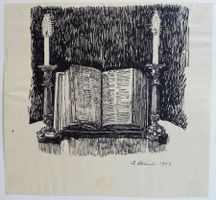 Tuschezeichnung Bibel mit Kerzenleuchtern, 1943