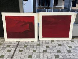Tableaux rouge abstraits signés, lot de 2 huiles/panneaux