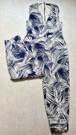 OVERALL JUMPSUIT HALLHUBER 40 L BLAU BEIGE HOSE TOP ANZUG