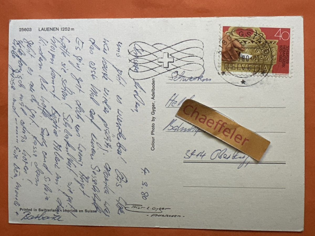 Cartoline postali: 1980. 25603 LAUENEN – Usato da Zürich venduto da Chaeffeler 1