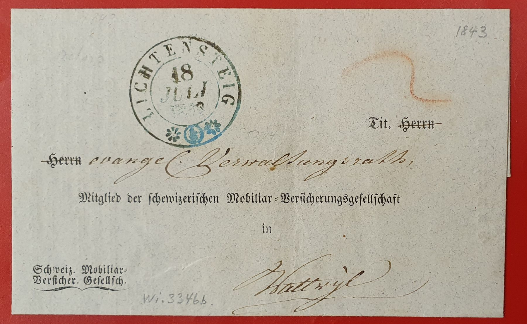 Tutti i francobolli: Liechtensteig 1843 -Schweiz. Mobiliar Vers. Gesellschaft – Usato da Kreuzlingen venduto da Rschweiz1