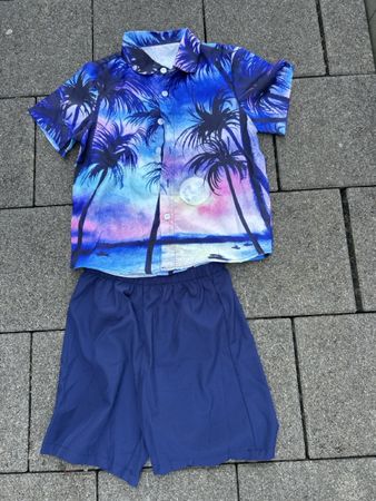 Kinder Sommer Set Hemd und Hose blau Palmen Grösse 140