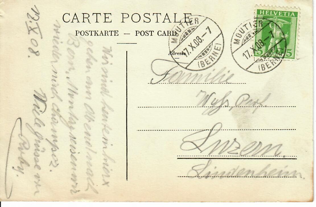 Ansichtskarten: Moutier - Quartier Neuf 1908 – Gebraucht aus Hochdorf von Ziegel-16 1