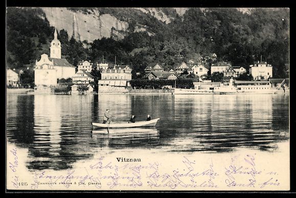 Cartoline postali: Vitznau, Seepanorama mit Kirche, Ruderbo – Usato da Berlin venduto da bartko-reher