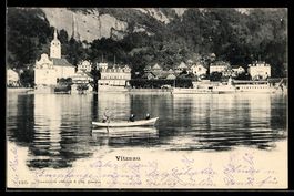 Vitznau, Seepanorama mit Kirche, Ruderbo
