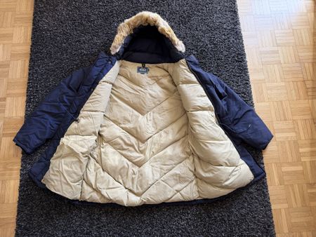Blauer Woolrich-Parka mit Kapuze, Größe L, in ausgezeichnete