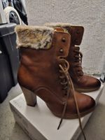 Leather Lace-up Boots with Faux Fur, Brown, New 38