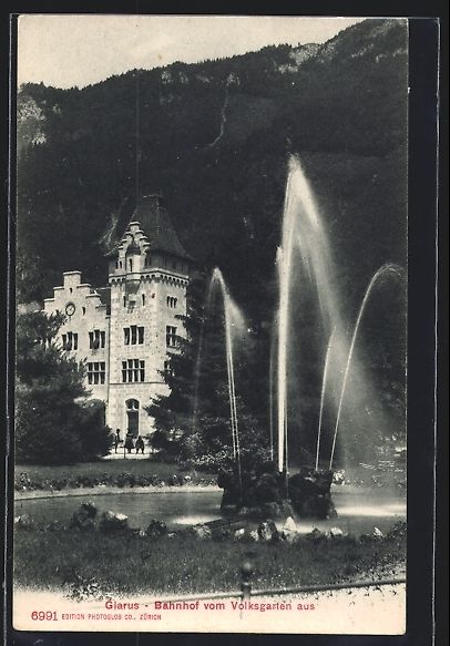 Cartoline postali: AK Glarus, Bahnhof vom Volksgarten aus – Usato da Berlin venduto da bartko-reher