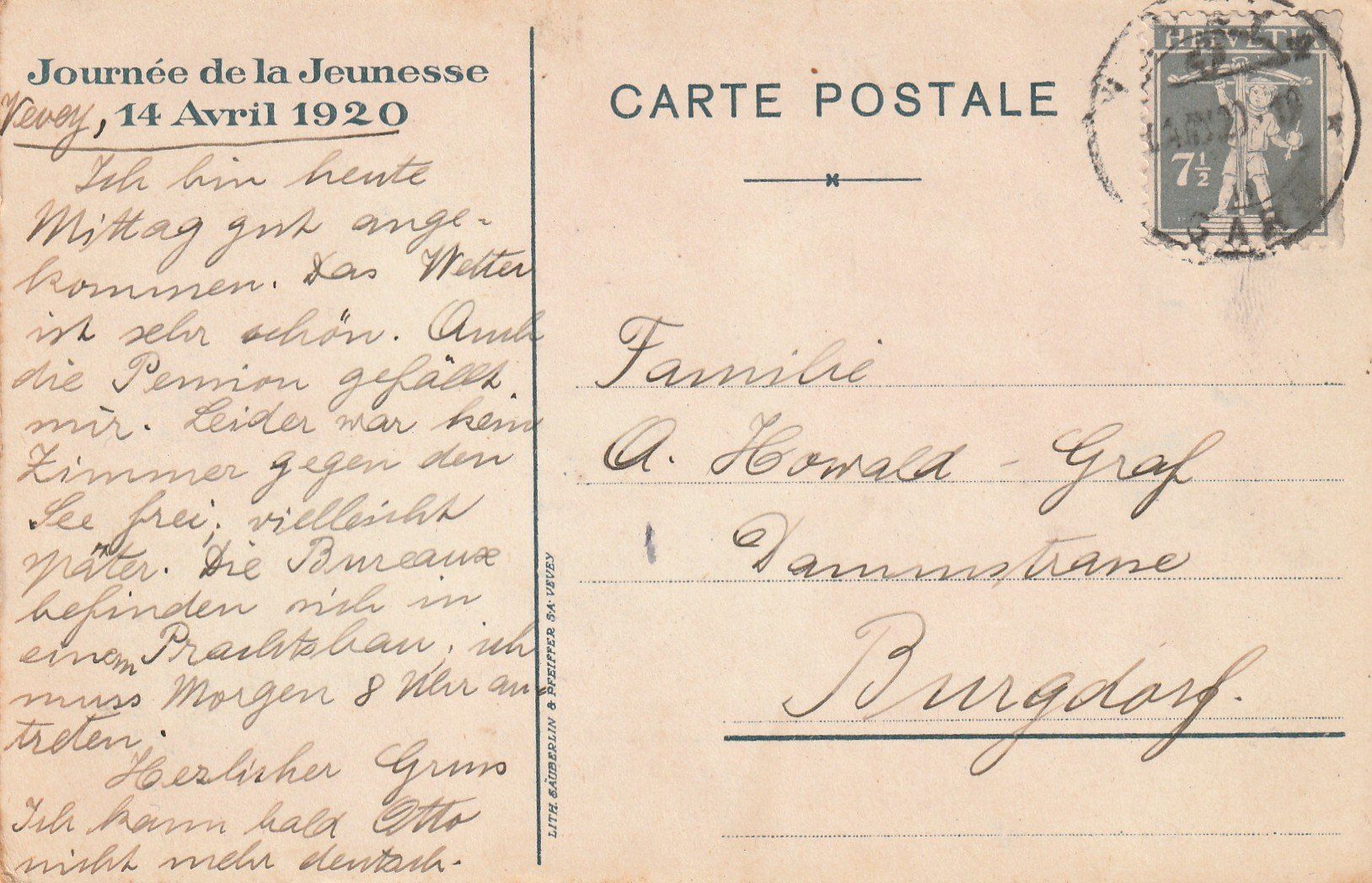 Cartoline postali: Vevey Jugendtag 1920 – Usato da Rorschacherberg venduto da fratovi2 1