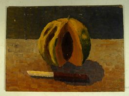 Frucht mit Messer signiert Oel auf Karton