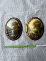 Paire de petits tableaux ovales vintage encadrés (paysages)