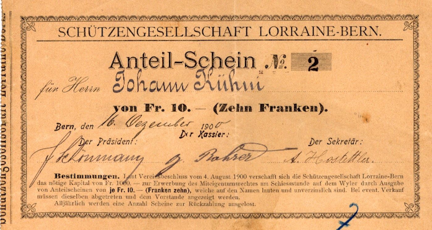 Dokumente: Schützengesellschaft Lorraine-Bern, Bern - 1900 – Gebraucht aus Solothurn von Sgasche