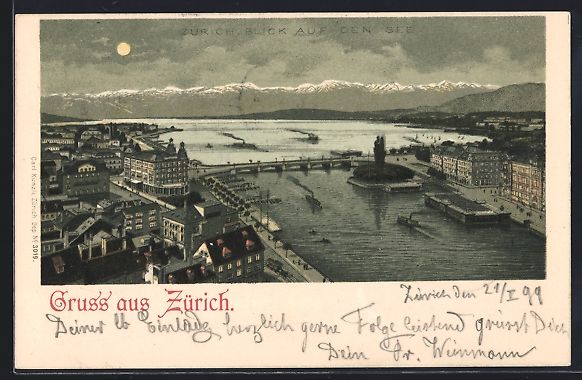 Cartoline postali: Lithographie Zürich, Blick auf den See – Usato da Berlin venduto da bartko-reher