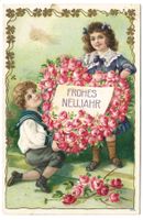 Frohes Neujahr - Rosen-Herz - Mädchen - Knabe - Präge-Litho