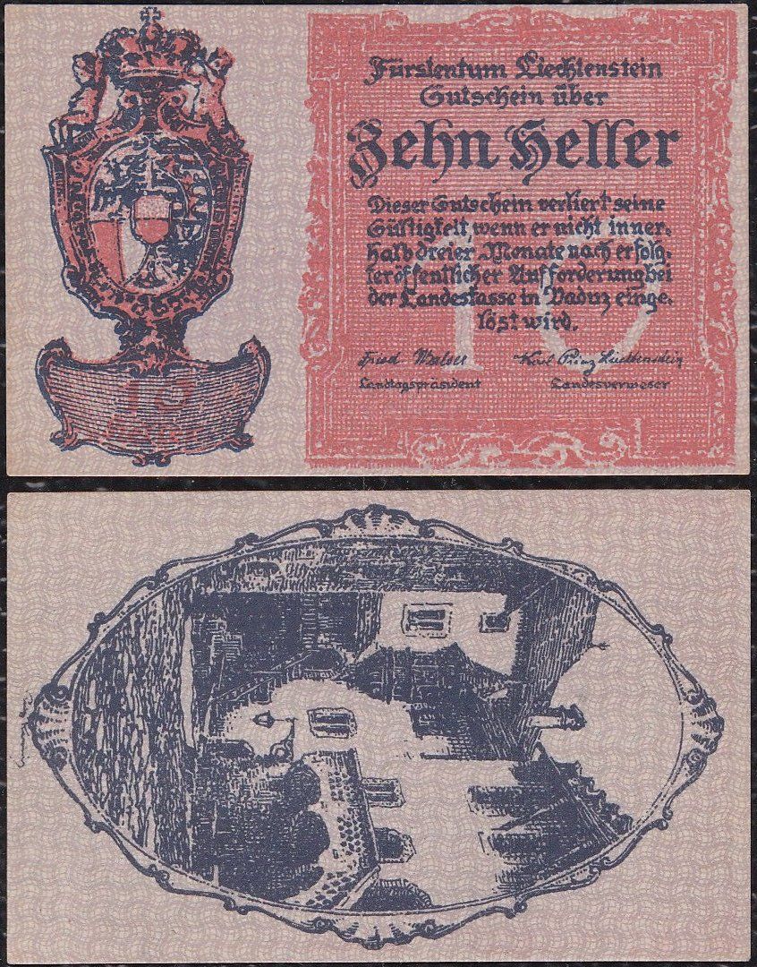 Banconote: Liechtenstein 10 Heller 1920 P-1 Neuf – Nuovo (secondo la descrizione) da Cugy VD venduto da bein-numismatics