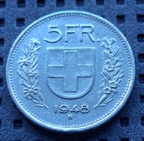 5 Fr. Silbermünze 1948 gut erhalten, Sammlerstück