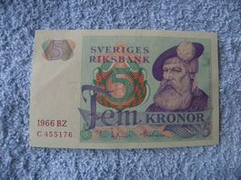 5 Kronen Geldschein Schweden 1966, Vintage, Wie Neu