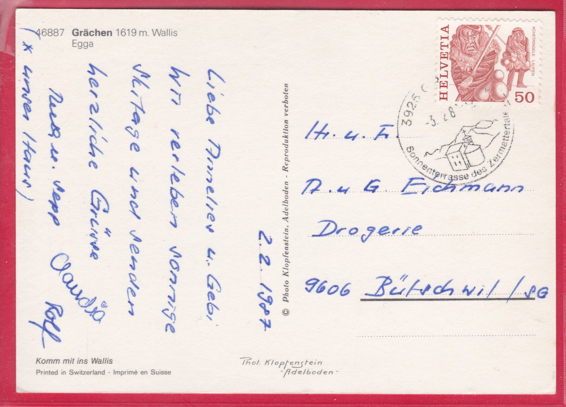 Cartoline postali: GRÄCHEN 1619m, EGGA, 3.2.1987 – Usato da Oberrieden venduto da Gebirgsstelze 1