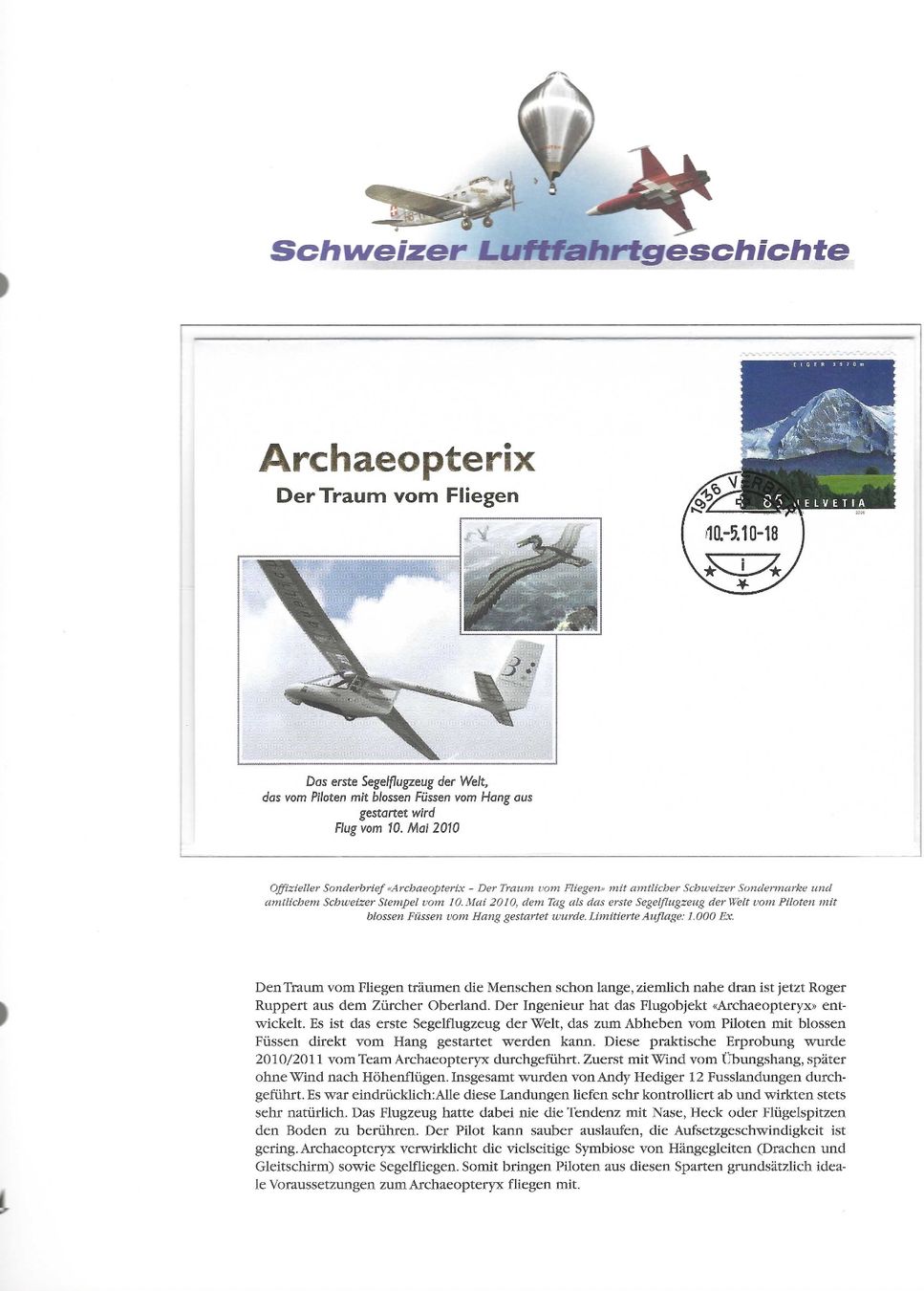Tutti i francobolli: Schweizerische Luftfahrtgeschichte Archaeopterix – Nuovo (secondo la descrizione) da Koblenz venduto da Markenhimmel