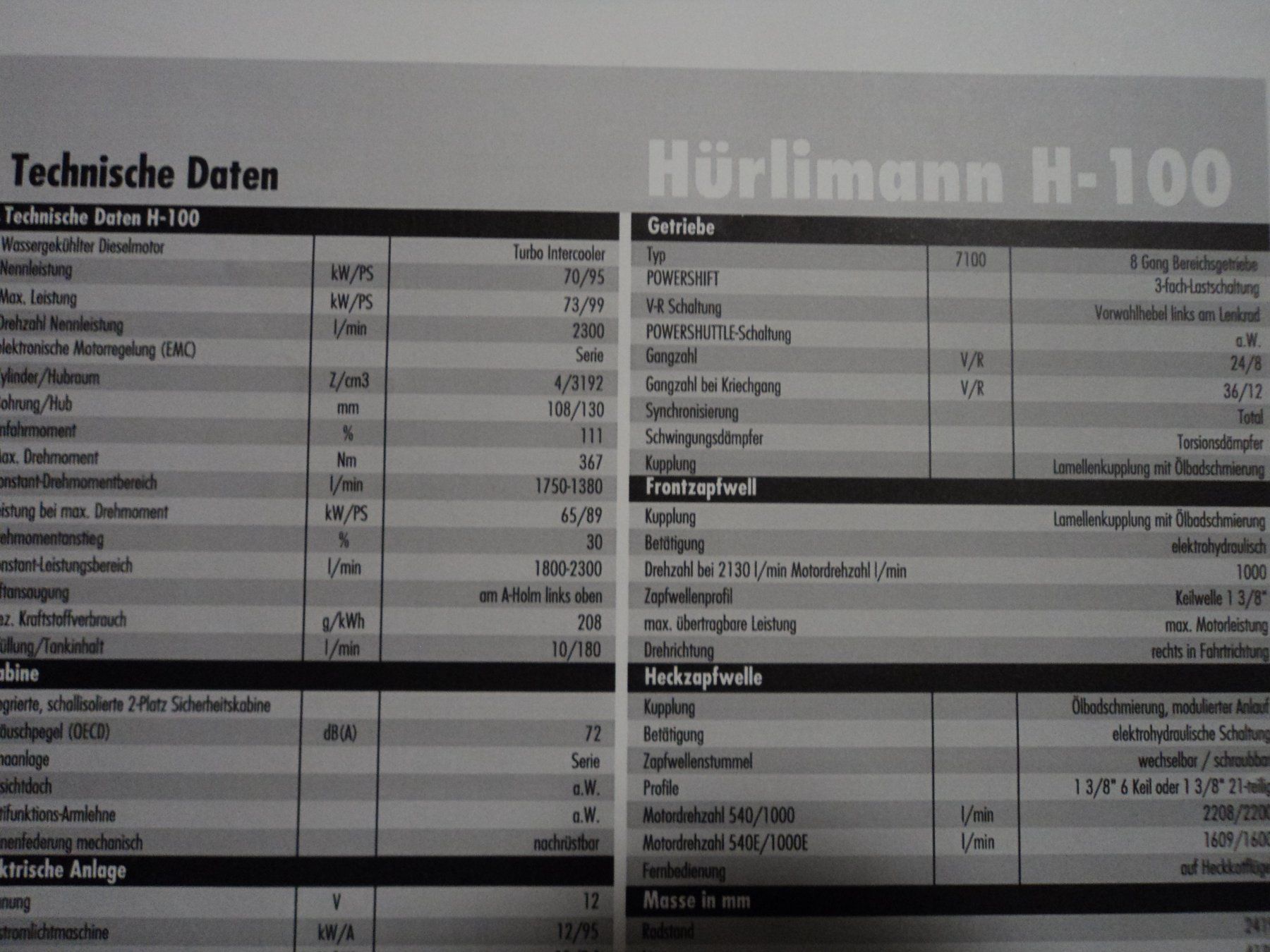 Hürlimann Traktoren: Prospekt Technische Daten Traktor Hürlimann H-100 – Gebraucht aus Schwarzenburg von modelCARama 1