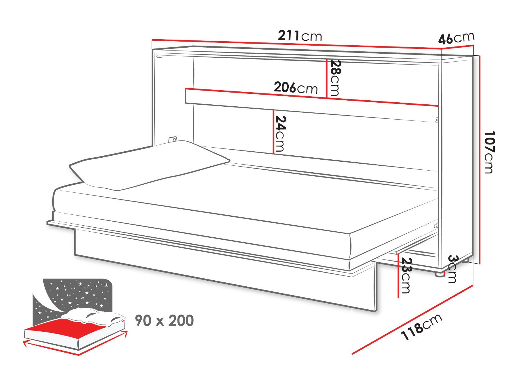 Letti: Schrankbett MIKE Horizontal Eiche + LED - 90x200cm – Nuovo e nell'imballaggio originale da Wallenwil venduto da toesstal-vertrieb 8