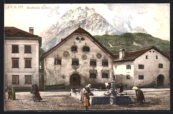 Ansichtskarten: AK Schuls, Blick auf Dorfplatz, 1907 – Gebraucht aus Berlin von bartko-reher