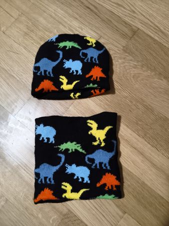 Kinder Mütze und Schlauchschal Dinosaurier schwarz 