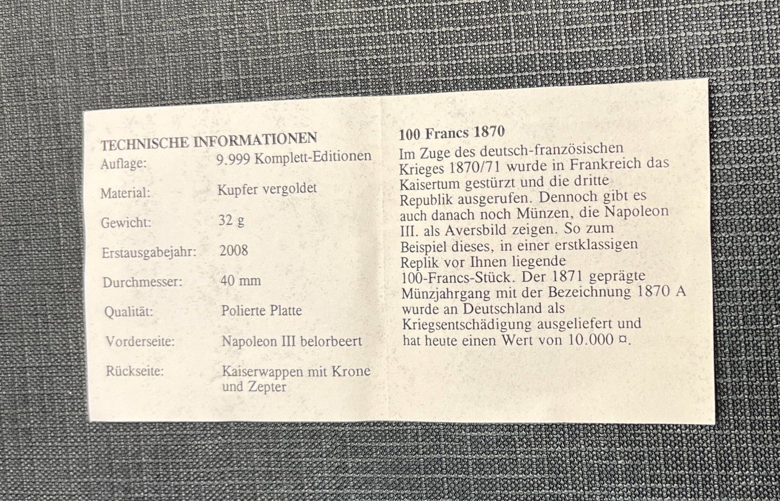 Alle Münzen: 100 Francs 1870 Nummer: 02886 von 9999 – Gebraucht aus Emmenbrücke von inf_9dkq 2