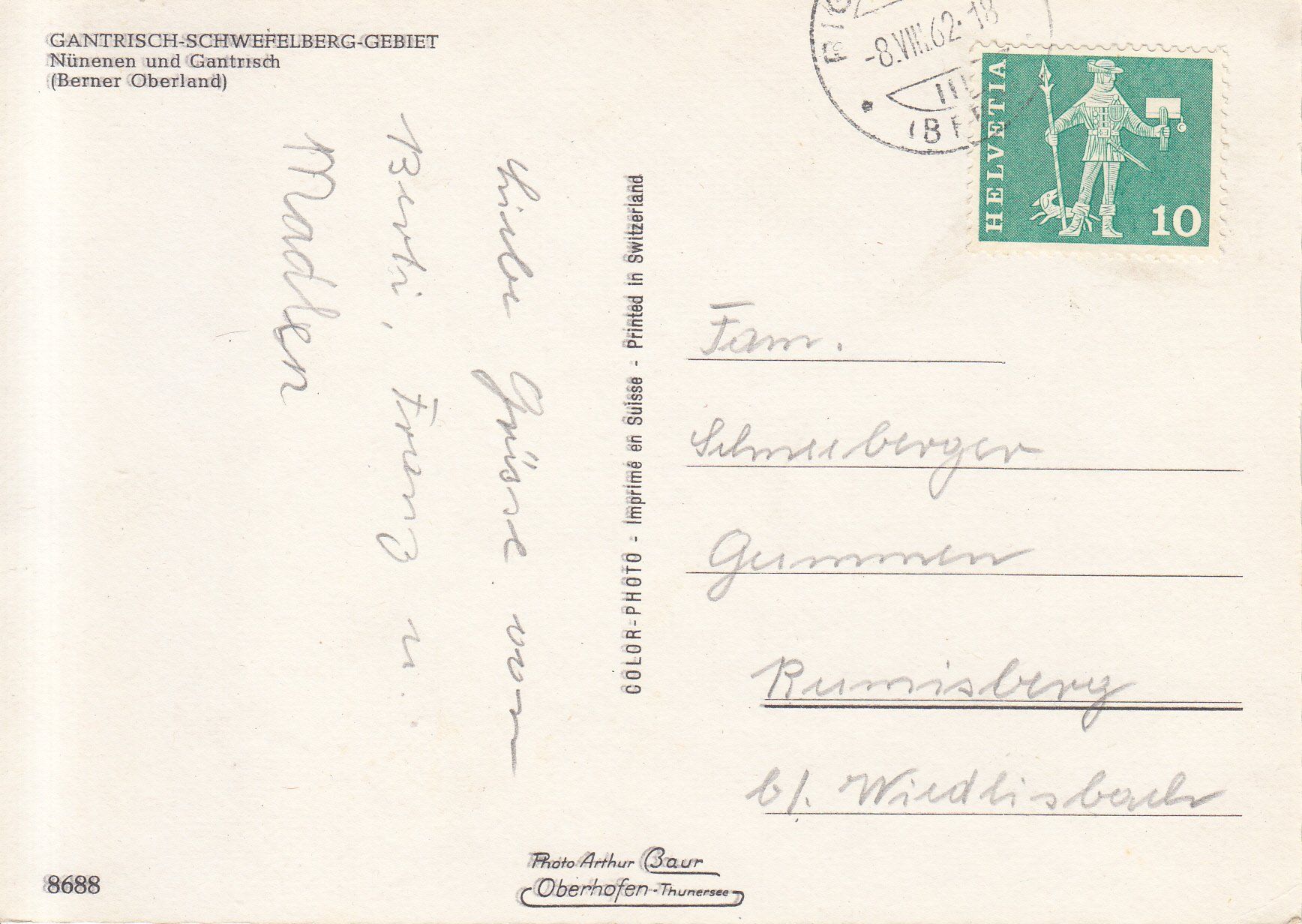 Cartoline postali: Gantrisch 1962 – Usato da Bürglen TG venduto da StampGraf 1
