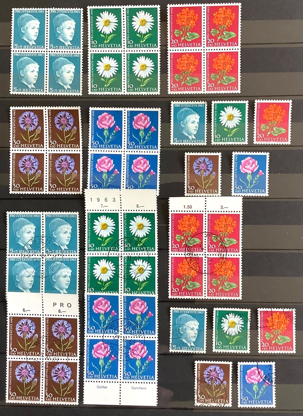Alle Briefmarken: 1963 Pro Juventute Viererblock Satz  + Einzel ** und Gestm. – Neu (gemäss Beschreibung) aus Liestal von Skunk02