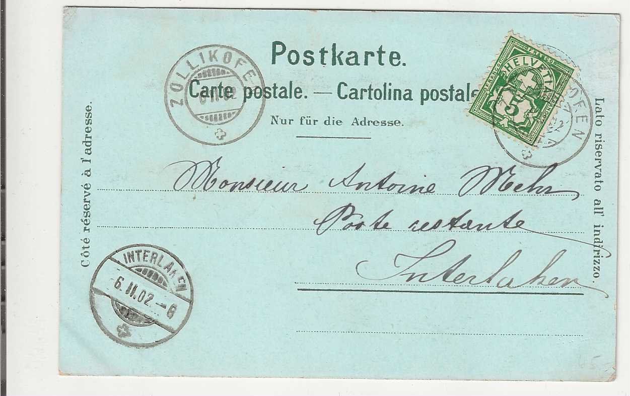 Cartoline postali: Zollikofen,  Litho, 1902 – Usato da Spiez venduto da Niesen20 1