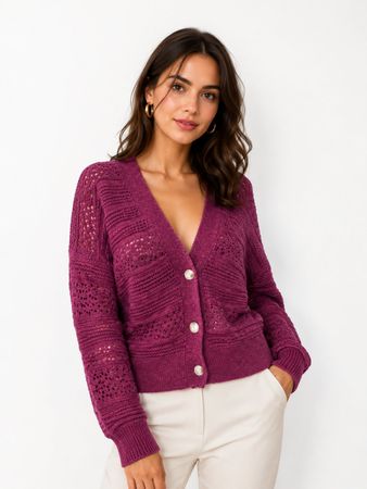 Magenta Strickjacke mit Lochmuster