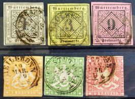 WÜRTTEMBERG: 6 Gestempelte aus 1851 und 1857