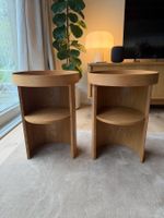 2 runde Beistelltische / Nachttische in Holzoptik