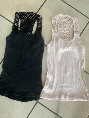 2 Tops Pailletten Spitze Schwarz Rosa Gr.S