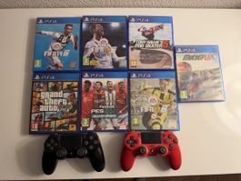 PS4 Set: 7 Spiele (GTA V, PES 2021) + 2 DualShock Controller