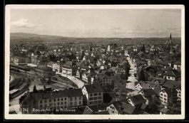 AK Romanshorn a. Bodensee, Totalansicht mit Bahnhof und Kirc