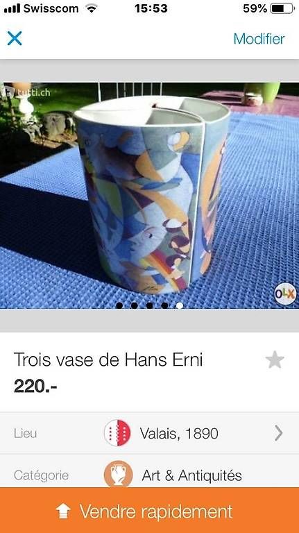Vasi & Recipienti: 3 Vases de Hans Erni. – Usato da St. Maurice venduto da Benoit12 1