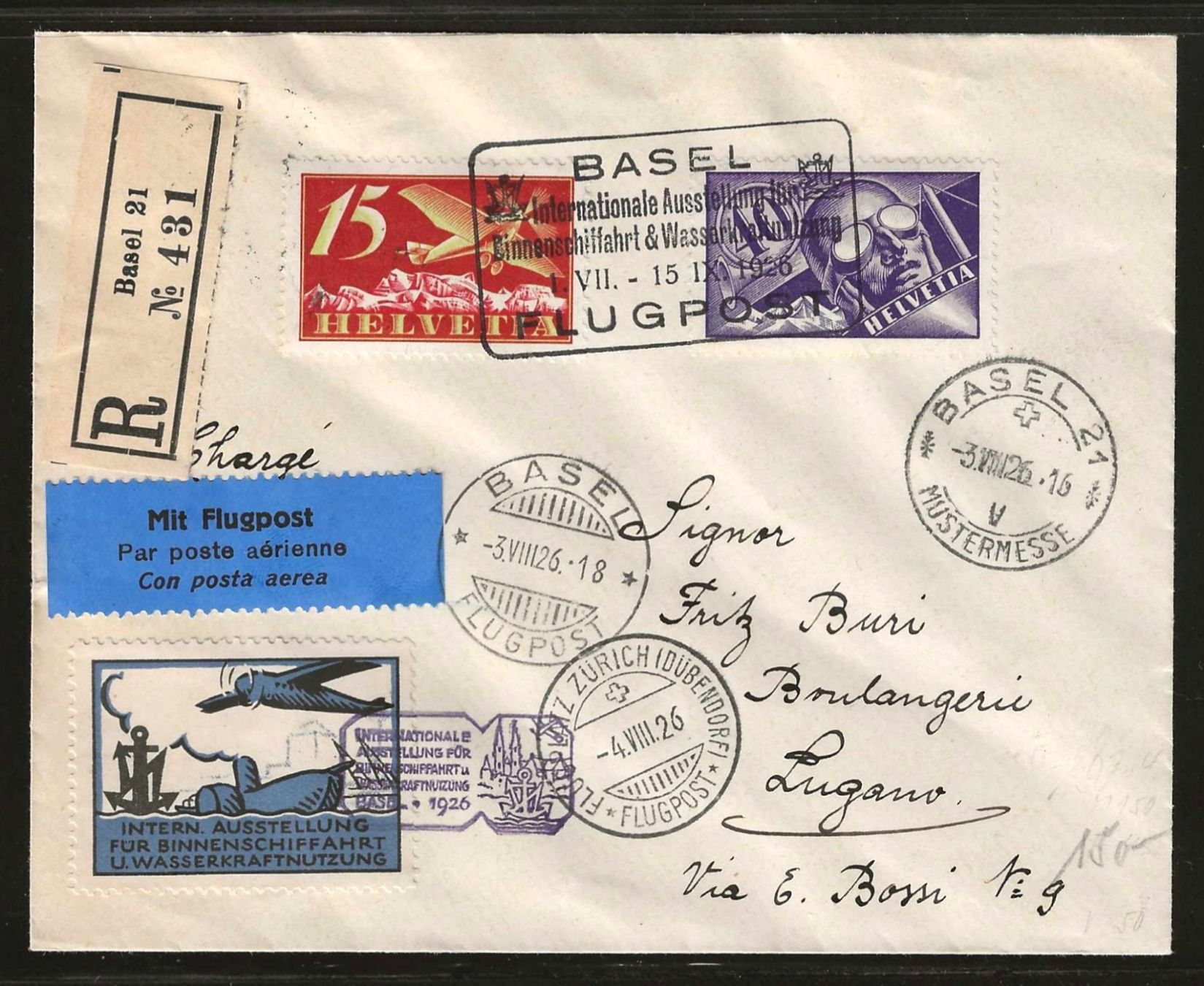 Alle Briefmarken: 1926 : Flugpostbrief Basel mit Vignette – Gebraucht aus Gümligen von Geniusbuy
