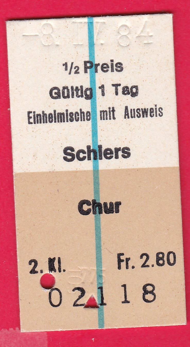 Tickets: KARTON BILLETT, SCHIERS - CHUR, 2.KLASSE, EINFACH, EINHEIMIS – Gebraucht aus Oberrieden von Gebirgsstelze