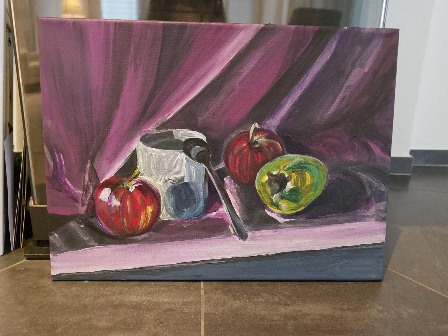 Dipinti: Gemälde "Äpfel mit Löffel" handgemalt, Acryl. 30 cm X 40 cm – Nuovo (secondo la descrizione) da Bellikon venduto da MellonCollieMitTwint
