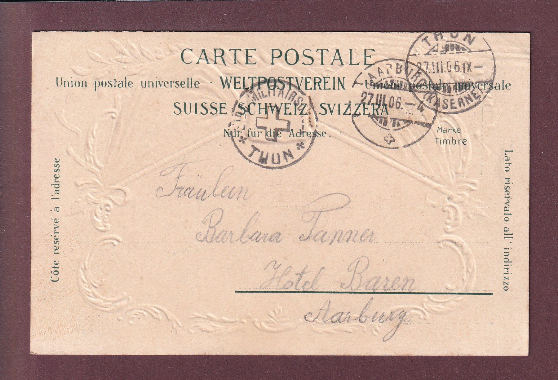 Ansichtskarten: THUN - Kaserne - Präge - 1906 // kleiner Eckbug // – Gebraucht aus Pully von nicecards 1