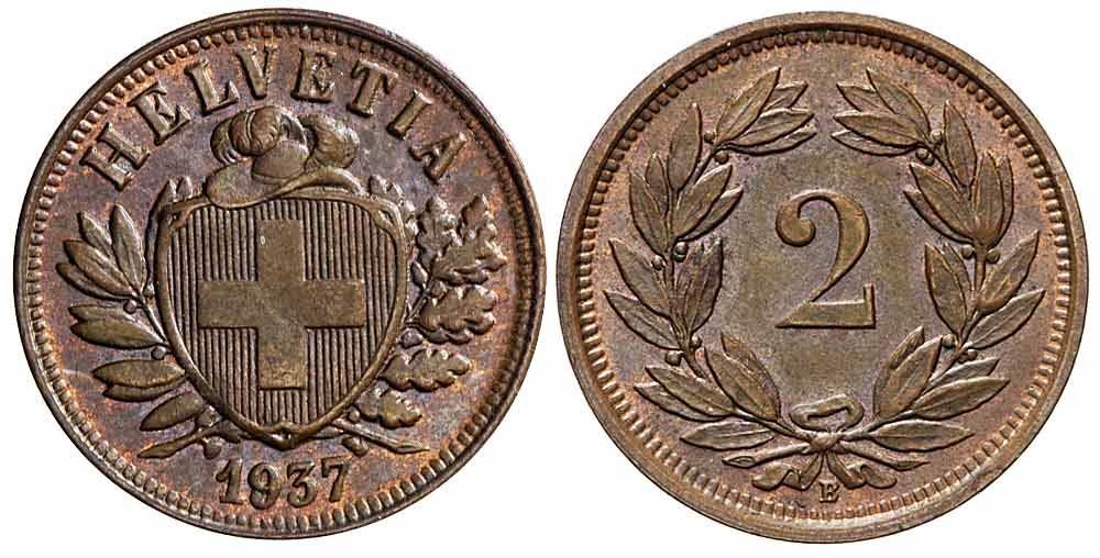 Tutti le monete: 2 Rappen 1937 (01) – Usato da Chiasso venduto da Novamarketing
