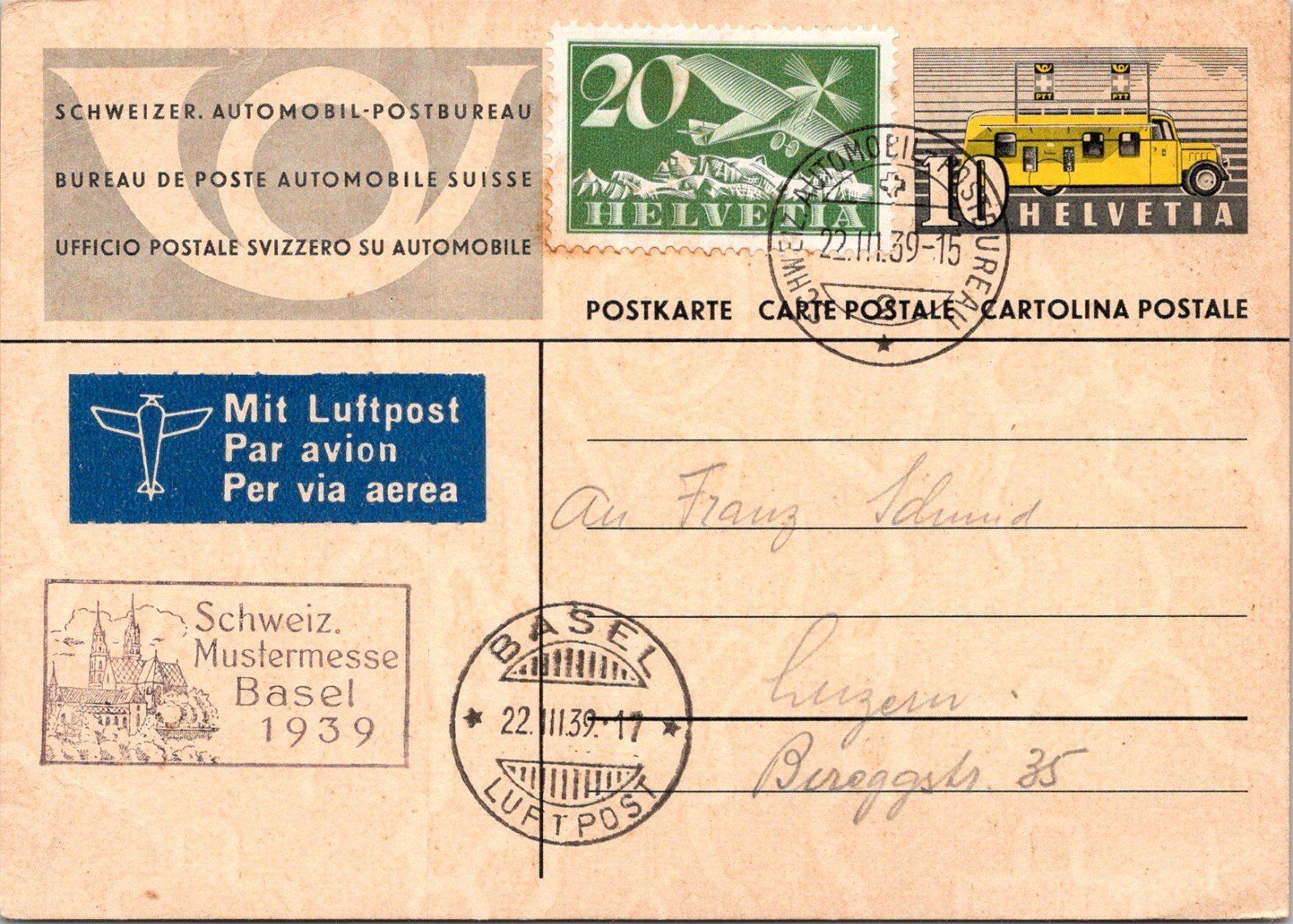 Cartoline postali: 1939 Carte postale auto Suisse – Usato da Carouge GE venduto da Crystal_Energy