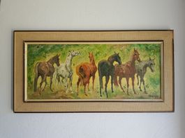Tableau Chevaux , signé Heer et daté de 1973.