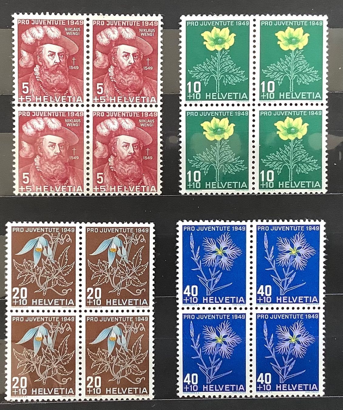 Alle Briefmarken: 1949 Pro Juventute Viererblöcke Postfrisch ** – Neu (gemäss Beschreibung) aus Liestal von Skunk02