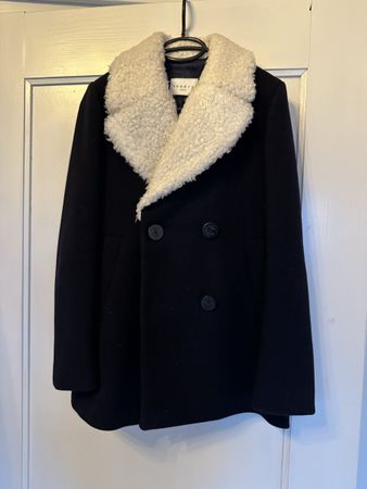 Sandro Paris Winter Wollmantel mit Lammfellkragen, Gr. 38