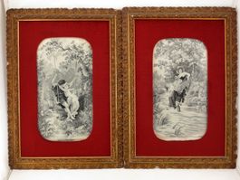 Paire tableaux soierie 1900 Textilbilder mit Rahmen antik