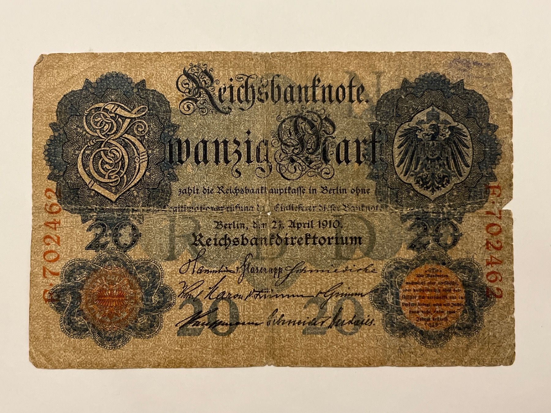 Banknoten: 20 Zwanzig Mark Februar 1914 – Gebraucht aus Hergiswil NW von SLDM 1
