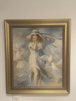 Ölgemälde "Frau mit Tauben" im Goldrahmen,m